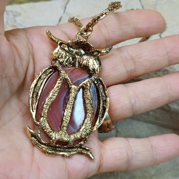 Vintage Owl Brown Banded Agate Pendant Necklace Gold Plated Chain - Picture 6 of 8